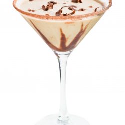 chocolate martini isolated on a white background with chocolate swirl and cocoa powder on the rim